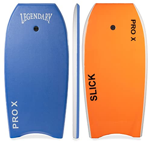Legendary Pro X Bodyboard for Beach with Hard Slick Bottom, Boogie Boards for Kids & Adults, Heat Sealed with EPS Core, Leash (Dark Blue/ Orange, 41)