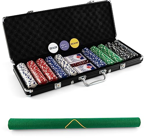 COSTWAY Chips Poker Set da Poker di 500 Chips, Inclusi 2 Mazzi di Carte da Poker 5 Dadi 1 Pulsante Dealer Valigetta in Alluminio (Argento)