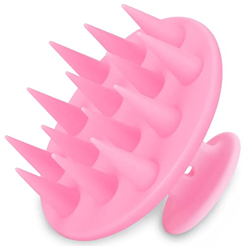 FReatech Actualizado Masajeador Cuero Cabelludo con Cerdas Largas y Rígidas, Cepillo de Champú SIlicone Integrado para Exfoliar y Masajear la Cabeza, para Cabello Largo, Grueso y Rizado, Rosa