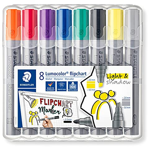 STAEDTLER Lumocolor, farbintensive, schnelltrocknende, geruchsarme Tinte, schlägt nicht durch Papier durch, 8 flipchart Marker in aufstellbarer STAEDTLER Box, 356 SWP8
