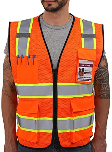Dib Safety Reflective Mesh Vest High Visibility Two Tone with Pockets and Zipper, ANSI Class 2 Compliant, Orange Mesh with Yellow Trim L