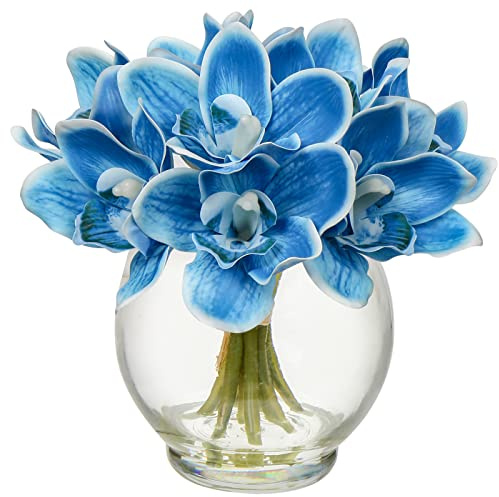 Oairse Fiori di orchidea artificiali in vaso, realistici al tatto, blu, finto Cymbidium, composizione con vaso di vetro, fiori artificiali decorativi per la casa, centrotavola, soggiorno, ufficio