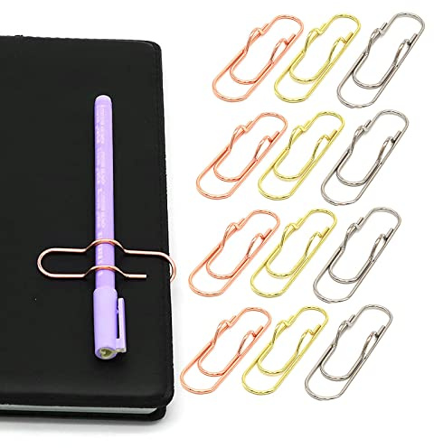 NELJIBEHU Metal Pen Clips in Gold/Silver/Rose Gold - Pack of 12 Paperclip Pen Holders for Notebooks and Papers, Metal Pen Clip Holder and Pen Holder Clip Included