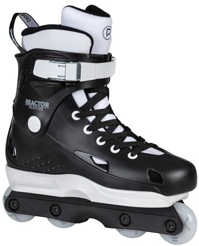 Playlife Aggressive Inline Skate Reactor - Inline Skates for Street, Skatepark and Halfpipe - Inline Stunt Skate Black Size 37-46 with Kizer Fluid V Frame Playlife Basic Wheels - Flat Setup