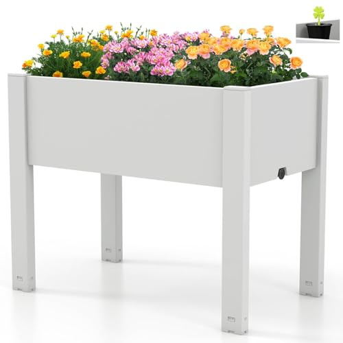 TANGZON Raised Garden Bed, 53L Self-Watering Planter Box with Water Level Indicator, Drainage Hole & Detachable Space Dividers, 76 x 45 x 61 cm Outdoor Plastic Flower Container (White)