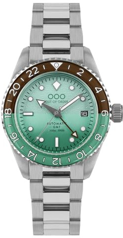 Out of Order AFTER 8 GMT Automatic Steel Black Green Date Sapphire Men's Watch, silver, bracelet