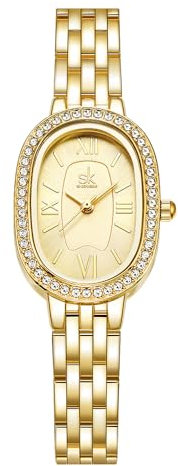 SHENGKE SK Ovale Damenarmbanduhr aus massivem legiertem Stahl mit Kristallbesatz (Gold)