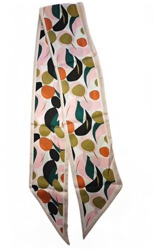 GIMIRO Écharpe en Satin, 148 x 13 cm, Motif Géométrique Damier, Double Couche, Polyester, Marron et Blanc (feuille verte rose)