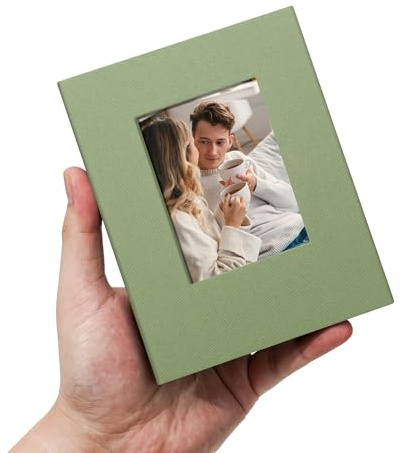 Remowith Álbum de Fotos Pequeño 10x15 con Ventana Frontal 100 Bolsillos Libro Portátil de Lino para Recuerdos de Viaje Boda Bebé Álbum Fotos para Pegar y Escribir Organizador de Memorias, Verde Claro