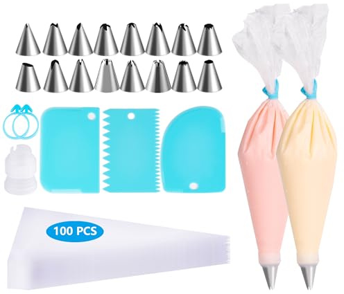 Karebeen Piping Bags and Tips Set, 100pcs Pastry Bags Cakes Decorating Supplies Kit, 3 Cake Scraper, 2 Couplers, 16 Piping Tips, 2 Bag Ties (12 INCH)