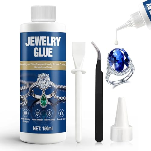 Miioto 150ML Colla per Gioielli Extra Forte, Trasparente Rhinestone Glue, Colla per Bigiotteria, Impermeabile ad Asciugatura Rapida, Multiuso Gioielli per Strass, Gioielli, Perle, Glitter e DIY