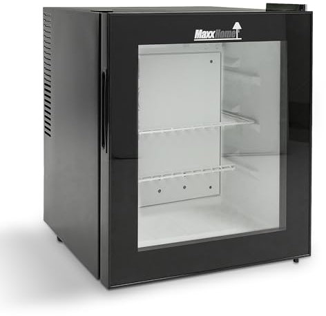 MaxxHome Mini Frigo de Chambre 42L - 230V, réfrigérateur de table à une porte, adapté à la maison, au bureau et à d'autres applications domestiques - (Noir/verre) 20989