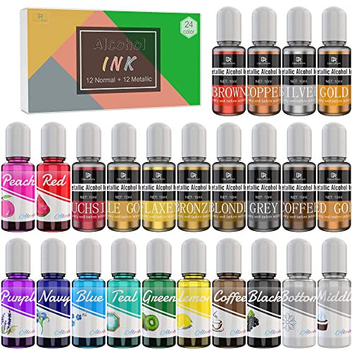 24 Alkohol Tinte Set - 12 Metall Farben mit 12 Lebendig Farben Alkohol Ink für Epoxidharz, Petrischalen Herstellung, Malen - Konzentrierter Alkoholtinte Harztinte Farben für Harz Kunst, DIY Malerei