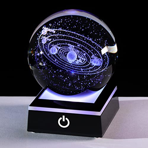 Ornalrist 8cm Crystal 3D Solar System Ball Gifts for Men Birthday Christmas | Crystal Ball Engraved 3D Solar System Planet Figurine with Colorful Light Base Ornaments Space Universe Gifts for Physic Men