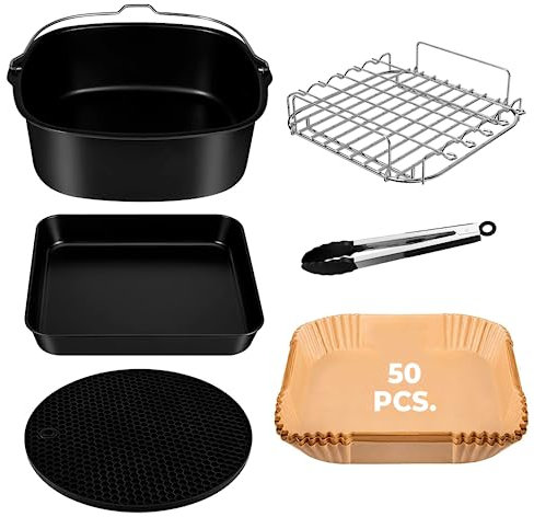 Cosori Kit de 6 accessoires pour friteuse sans huile 5,5 l – 50 pièces de papier pour Airfryer – Comprend tous les ustensiles nécessaires tels que des pinces, un moule en silicone pour friteuse et un