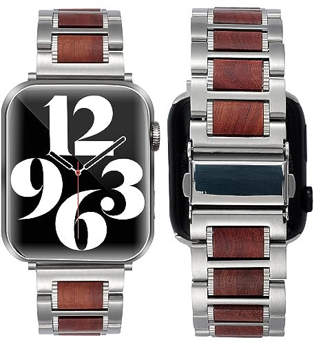 SEURE Holzarmband Kompatibel mit Apple Watch Armband 38mm 40mm 41mm 42mm 44mm 45mm, Herren Damen Edelstahl Holz Uhrarmband Ersatzarmband mit Sandelholz für Series SE/8/7/6/5/4/3/2/1