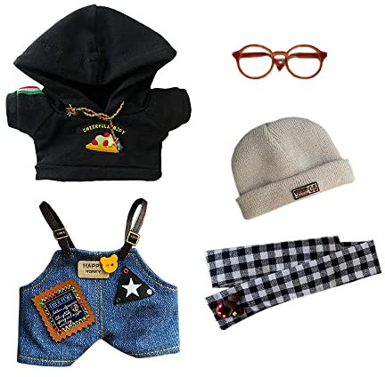 niannyyhouse 20 cm Plüsch-Puppenkleidung, Schwarzwald-Set, Strickmütze, Schal, Brille, Hoodie, Overall, Puppenzubehör, Verkleidung, 20 cm