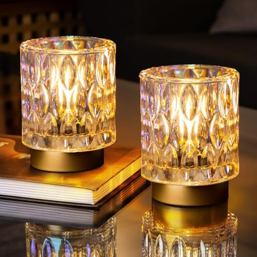 MJ PREMIER Tischlampe Kabellose mit Timer | Battery Operated Crystal Night Light | Kabellose LED Notleuchte für Stromausfall | Perlmutt Deko-Leuchte für Treppe, Bad, Schlafzimmer & Kamin (2*PEARL)