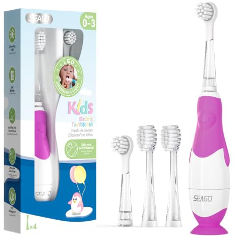 Seago Baby Electric Toothbrush, Children's Power Toothbrushes with 4 Brush Heads and Led Light, 2-Min Timer for Children Aged 0-3 Years, Penguin Shape Design SG513 (Rose Pink)