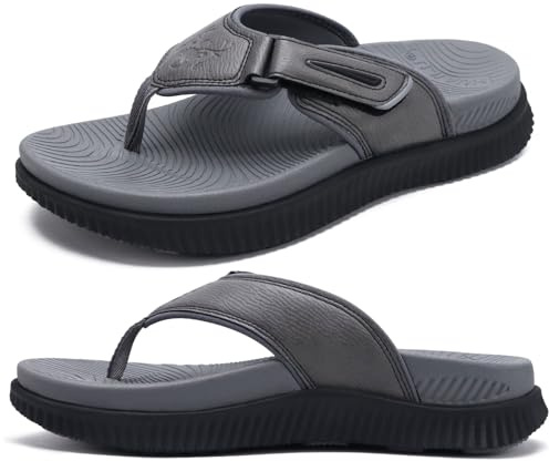 KuaiLu Tongs Cuir Hommes Recovery Marche Sandales Orthèse Coussin Athlétique épais Sport Sliders pour Homme Extérieur été Plage Sandals avec Confortable Fasciite Plantaire Soutien de Voûte,41 Gris