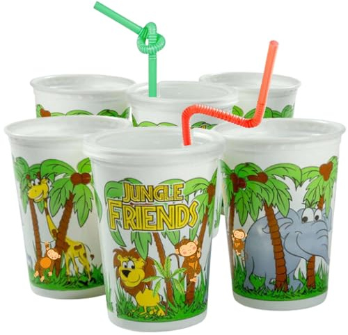 50 PACK 12 oz. Jungle Friends Theme Thermo Cups With Straws and Lids For Cafe, Hotel Motel Room, takeout box, airbnb host Jungle Animal Theme Party Supplies Gifts Decorations (Jungle Theme)