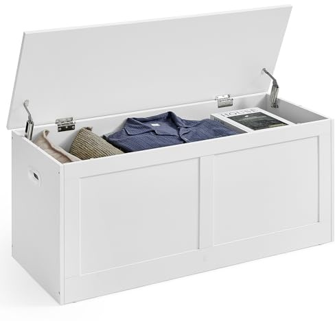 VASAGLE Storage Chest, Storage Trunk with 2 Safety Hinges, Storage Bench, Shoe Bench, Farmhouse Style, 15.7 x 39.4 x 18.3 Inches, for Entryway, Bedroom, Living Room, Cloud White ULSB164W01