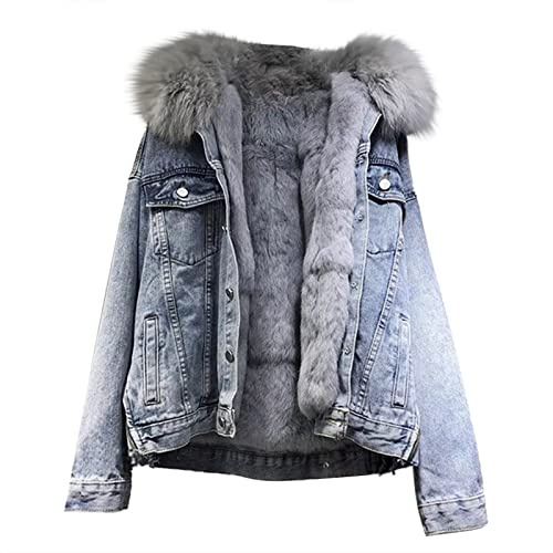 Jeansjacka med päls damer | vinterjacka damer varm fodrad pälsjacka stora storlekar fodrad jeansrock vinterjacka denim varma vinterjackor eleganta korta jeans jacka övergångsjacka vinterrock, blå, M