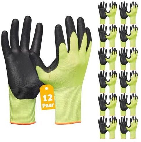 Gebol Eco Flex Yellow | Guantes de trabajo con revestimiento de nitrilo transpirable | Guantes para trabajos de montaje | Para Hombre | Talla XL (Gr 10) | Amarillo | 12 pares Multipack