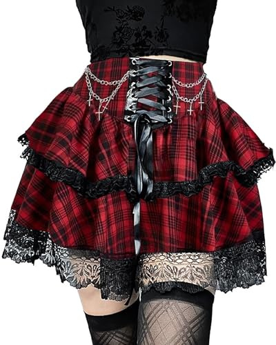 XKBHYD Minifalda gótica para mujer, cintura alta, plisada, estilo skater, punk, grunge, con cordones, falda Harajuku Lolita con cadena, rosso, XXL