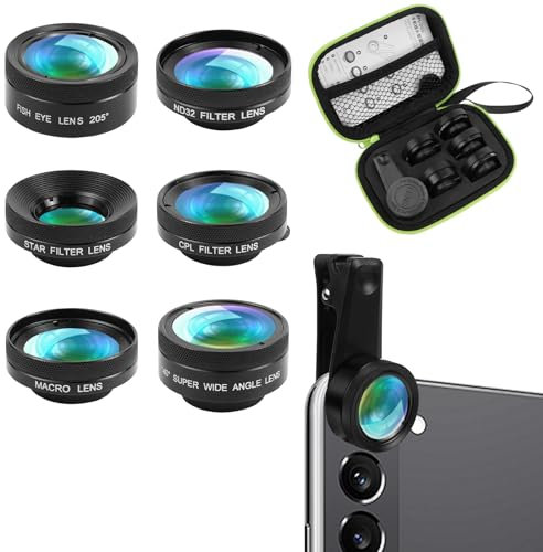 QGGTQG 6 in 1 Handy Objektiv Kit 205 ° Fischaugenobjektiv, 140° Weitwinkelobjektiv, Makroobjektiv (25x), Sternfilter, ND32/CPL Filter Lens für iPhone, Samsung und die meisten Smartphones