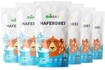 BIOBAS Babybrei 6x200g - Haferbrei Ohne Zuckerzusatz, Ohne Milch und GMO - Bio Babynahrung Ab 4 Monate, Baby Nahrungszubereitung, Gesund & Lecker Brei - Grießfrei, Ideal für Abendbrei Baby