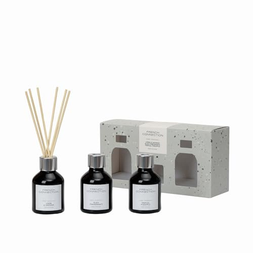 French Connection Black & White Collection Scented Reed Diffuser | Luxury Home Fragrance | 100ML & Trio Sets (Lemon and Lavender, Black Pomegranate, Tropical Pineapple Scents, 50ML x 3)
