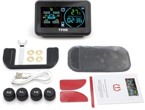 Avutrel Tyre Pressure Monitoring System TPMS 0-6.5Bar Solar and USB-C Charger with 4 External Sensors 5 Alarm Modes, Real Time LCD Display for Car SUV Trailer Van Trailers Caravans