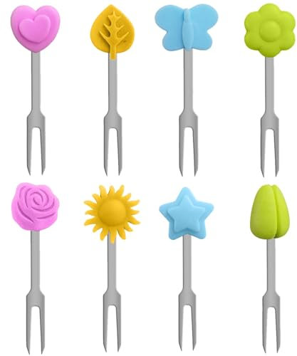 8 Pezzi Forchette Da Frutta in Acciaio Inox,Simpatico Motivo in Silicone Forchettine Da Dolce,Mini Stuzzicadenti Riutilizzabili per Bambini,Per Feste, Picnic, Casa, Cucina, Accessori per Il Pranzo