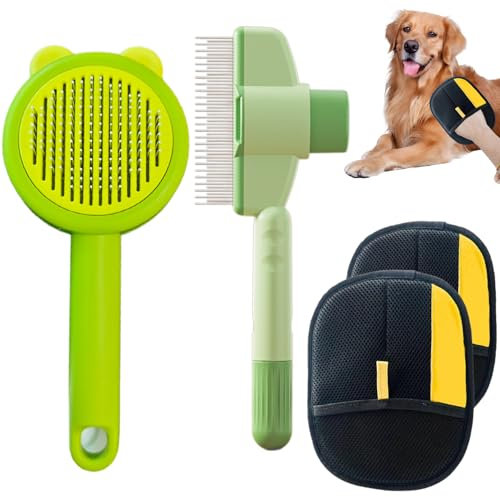 Fellblitz Bürste Katze, 2 Selbstreinigende Katzenbürste, Fell Handschuh & Selbstreinigende Fellblitz Bürste Katze, Katzenhaarentferner Handschuhe mit Edelstahlkamm, 4-In-1 Tierhaarentferner
