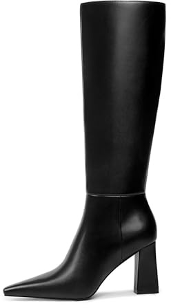 Meolee Knee High Boots for Women Chunky High Heel Long Boots Pointed Toe Leather Boots with Side Zipper
