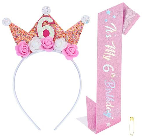 PETERMALLON Corona di compleanno per bambine di 6 anni, corona di compleanno per bambine di 6 anni, corona di compleanno per bambine, con rose, cerchietto e cintura rosa