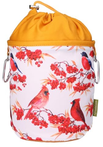 Portable clothes peg bag Cardinal birds – Ø18 x 31 cm, 100% cotton, with drawstring & carabiners, bird motif storage bag for household, garden & camping