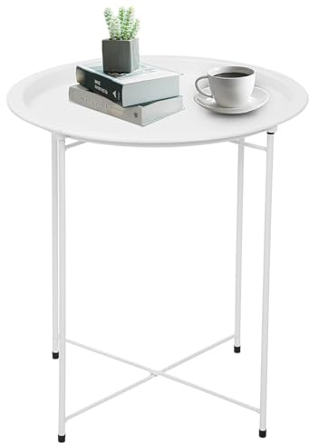 GREENSAPPIRE Side Table 47x50cm Round Round Tray Table with Removable Tray - Storage End Table Coffee Metal Small Garden Table for for Bedroom, Home and Office (White)
