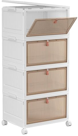 YFXCVSL 4 Tier Plastic Storage Bins with Lid 28QT - Stackable Storage Containers with Wheels, Folding Storage Boxes, Collapsible Storage Bins, Closet Organizers and Storage