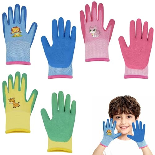 Leyrens 3 paia di Guanti da Lavoro per Bambini dai 3 ai 5 anni, guanti da giardino per bambini Con Rivestimento in Lattice Antiscivolo, per Ragazzi Ragazze per Fatti a Mano Attività all'Aperto