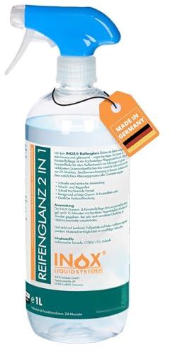 INOX Brillant pour pneus - 1 l - Entretien du plastique et du caoutchouc pour l'extérieur - Noir - Soin des pneus pour brillance des pneus - Entretien et nettoyage des pneus de voiture - Noir