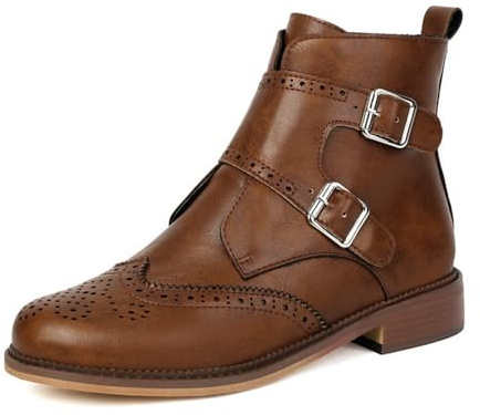 Botas vaqueras occidentales con correas de hebilla para mujer, con cremallera lateral, puntera redonda, tacones bajos perforados, punta de ala, Brown, 41 EU