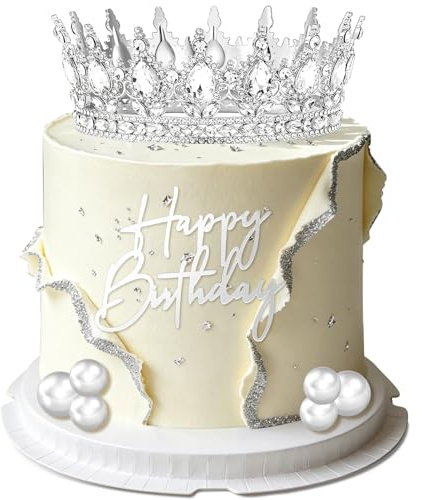 Corona per Torta, 8 Pezzi Corona Decorazioni Torte Compleanno, con Palline Decorative per Torte, Happy Birthday Cake Topper, Decorazione per Torta per Compleanni, Matrimoni, Feste (Argento)
