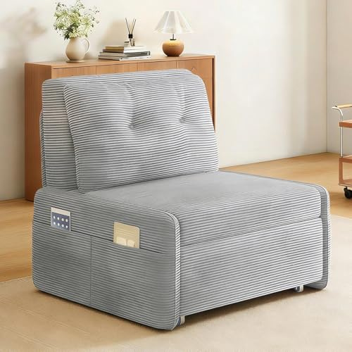 3 in 1 Convertible Sofa Bed, Pull Out Sleeper Chair Bed with Side Storage Pockets and Pillow, Single Sofa Chaise Lounge Couch Recliner for Living Room Guest Room Office