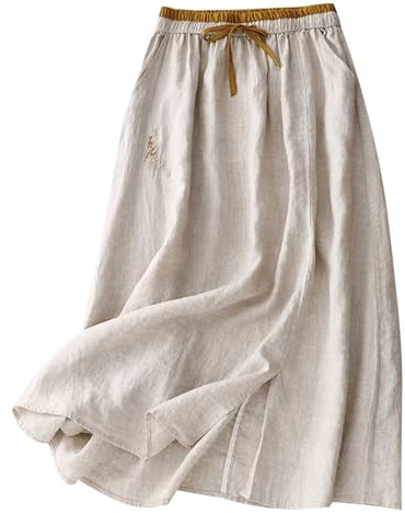 Jupe Longue Femme Jupes Femme Été Coton Lin Boheme Chic Taille Élastique Haute Longue Midi A-Line Vêtement Femme Élégant Respirant Fluide Couleur Unie Basique Jupes Décontracté Vacances Plage Sortie
