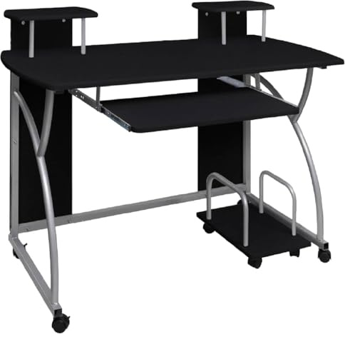 Mhdvray Scrivania per computer nera, 110 x 52 cm, con ruote e cassetto per tastiera, tavolo per PC in legno, tavolo da gioco con ripiani, per ufficio e studio