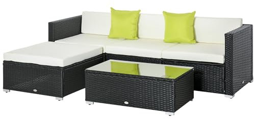 Outsunny 5 Pieces PE Rattan Garden Furniture Set with Cushions, Outdoor Corner Sofa, Patio Sectional Conversation Furniture Sets with Glass Top Coffee Table, Black