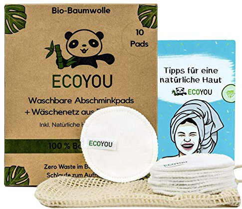 EcoYou Waschbare Abschminkpads aus BIO-Baumwolle Wiederverwendbare Wattepads 10 STÜCK Nachhaltige Gesichtspflege für Frauen Inkl. DIY REZEPTE und Baumwoll-Wäschenetz