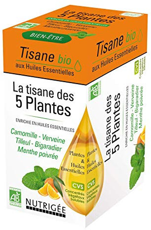 NUTRIGÉE - Tisane Des 5 Plantes Bio - Bien-Être - Relaxation & Digestion - Camomille, Verveine, Tilleul, Bigaradier, Menthe Poivrée - Huilles Essentielles De Menthe Poivrée & Bigaradier - 20 Sachets